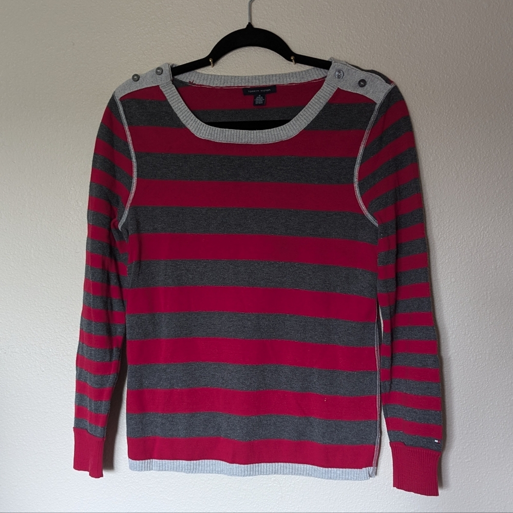 NWOT Tommy Hilfiger Gray and Red Striped Sweater Size M